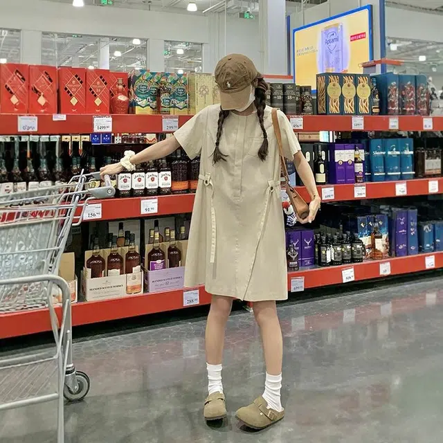 格子苔 韩系简约女夏小个子显瘦显高小清新收腰短袖连衣裙 女款