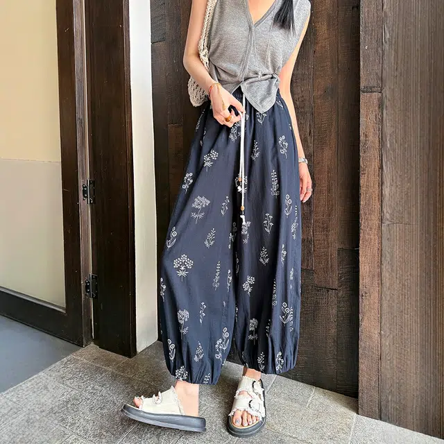 格子苔 法式印花棉麻八九分裤女夏薄款小个子显瘦宽松垂感冰丝灯笼裤 休闲裤 女款