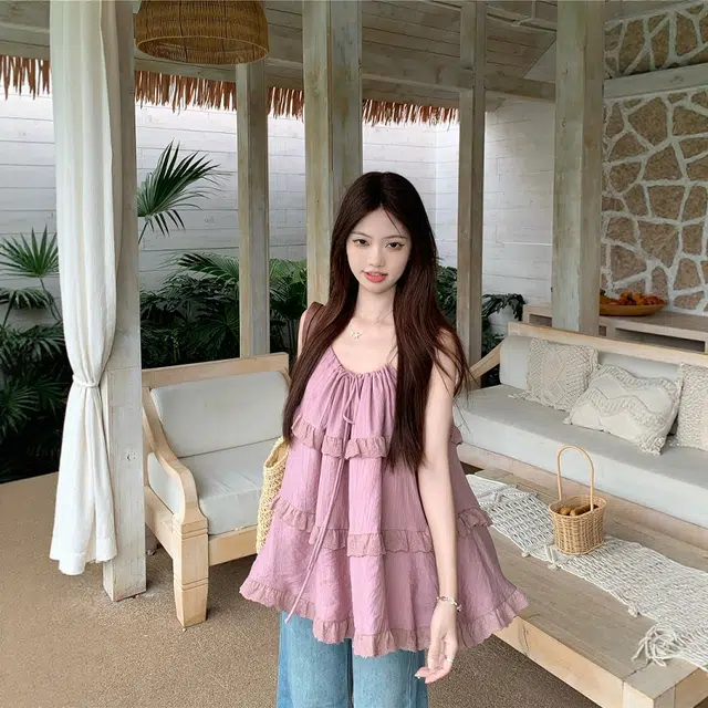 格子苔 法式蕾丝荷叶边背心夏季宽松外穿气质娃娃衫上衣吊带 女款