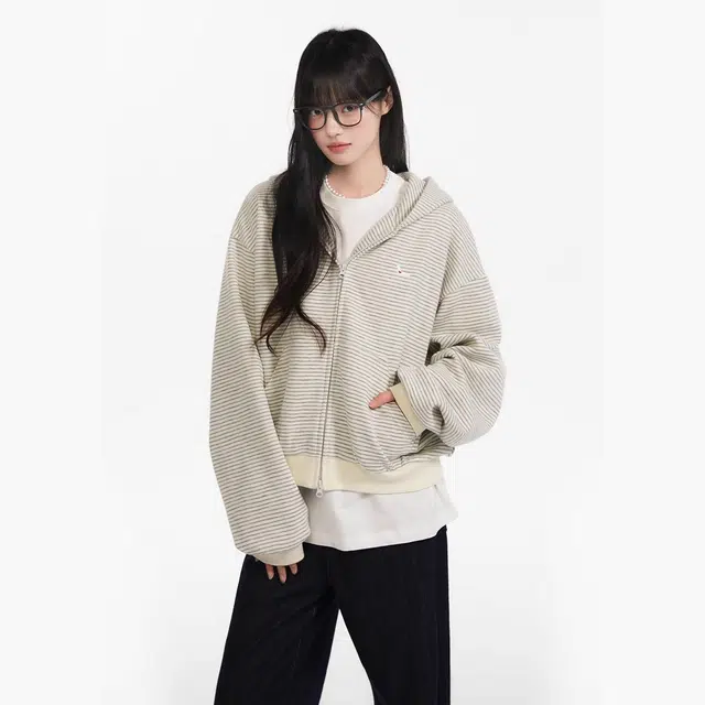 格子苔 美式复古慵懒风条纹连帽女春秋小狗刺绣拉链开衫外套卫衣 女款