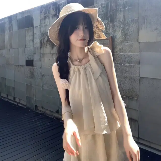 格子苔 挂脖半身连衣裙子女夏季海边度假风宽松显瘦短裙两件裙装套装  女款