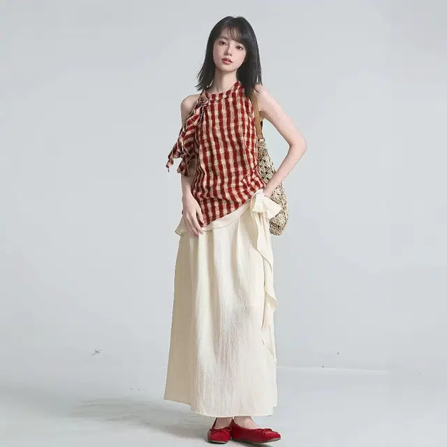 格子苔 韩式不规则挂脖无袖格子背心上衣半身裙两件套裙装套装 女款
