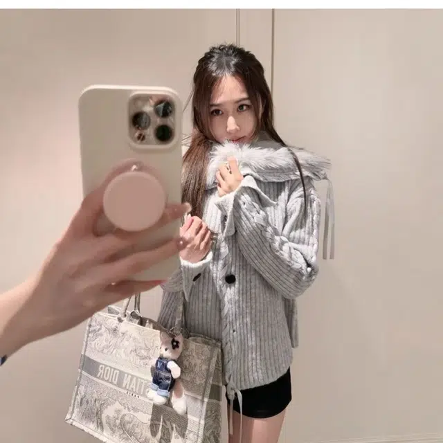 格子苔 韩系慵懒松弛感毛领外套女秋冬设计感大翻领开衫针织衫 女款