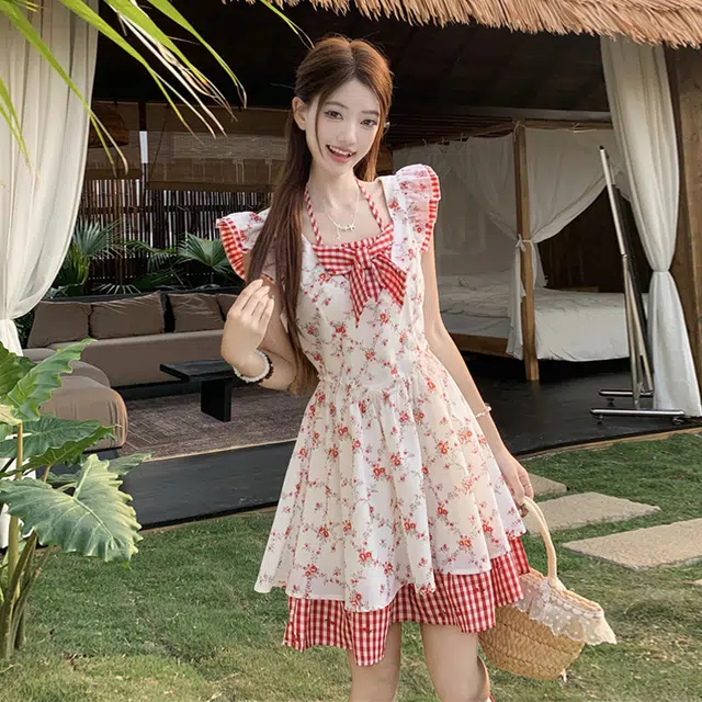 格子苔 法式可爱甜美女初恋小个子收腰吊带蓬蓬短裙子无袖连衣裙 女款