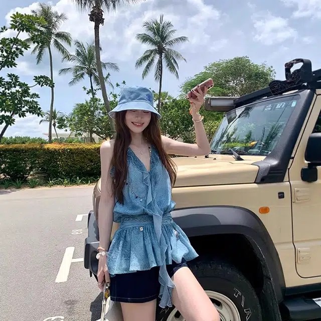 格子苔 木耳边设计感系带简约通勤吊带 女款