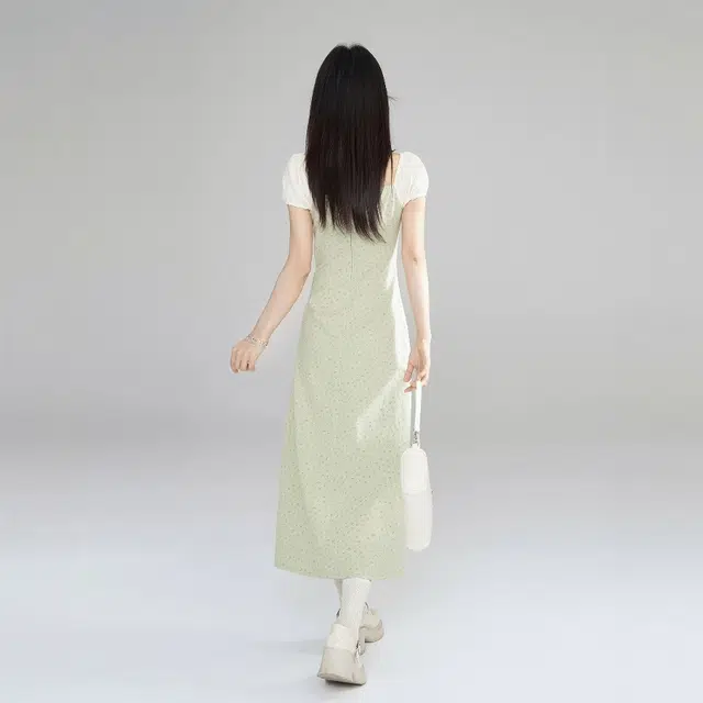 格子苔 方领女夏季收腰显瘦气质拼色长裙子短袖连衣裙 女款