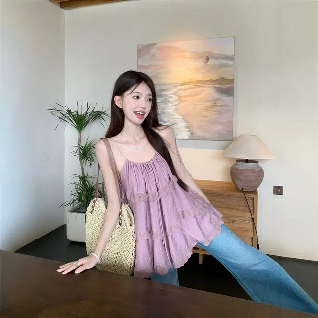 格子苔 法式蕾丝荷叶边背心夏季宽松外穿气质娃娃衫上衣吊带 女款