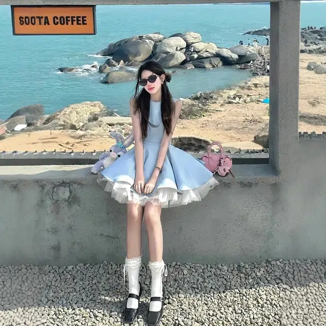 格子苔 法式赫本风网纱拼接女夏季气质收腰蓬蓬公主裙 无袖连衣裙 女款