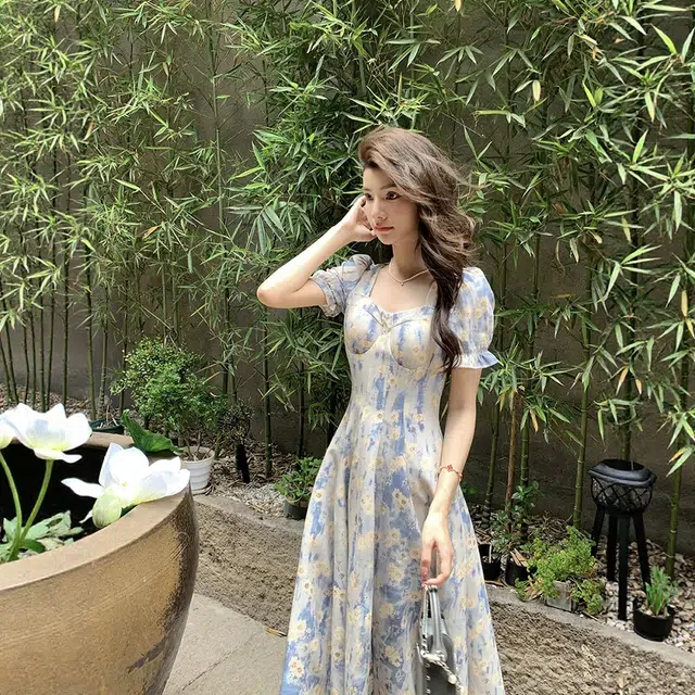 格子苔 法式方领油画风碎花短袖连衣裙 女款