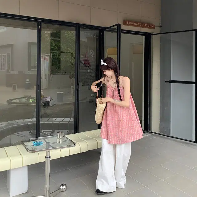 格子苔 多巴胺海边度假风格子舒适中长款吊带 女款