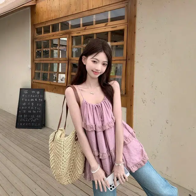 格子苔 法式蕾丝荷叶边背心夏季宽松外穿气质娃娃衫上衣吊带 女款
