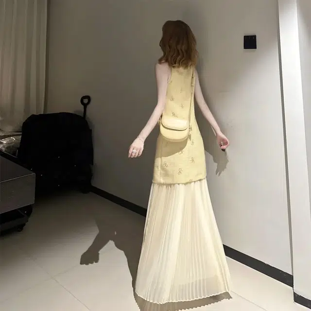 格子苔 小香风重工巨好看订婚礼服假两件背心生日裙子无袖连衣裙 女款