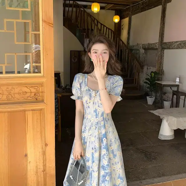 格子苔 法式方领油画风碎花短袖连衣裙 女款