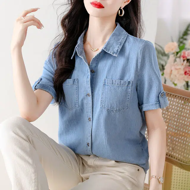 格子苔 设计感时尚翻边袖子清新百搭短袖上衣衬衫 女款