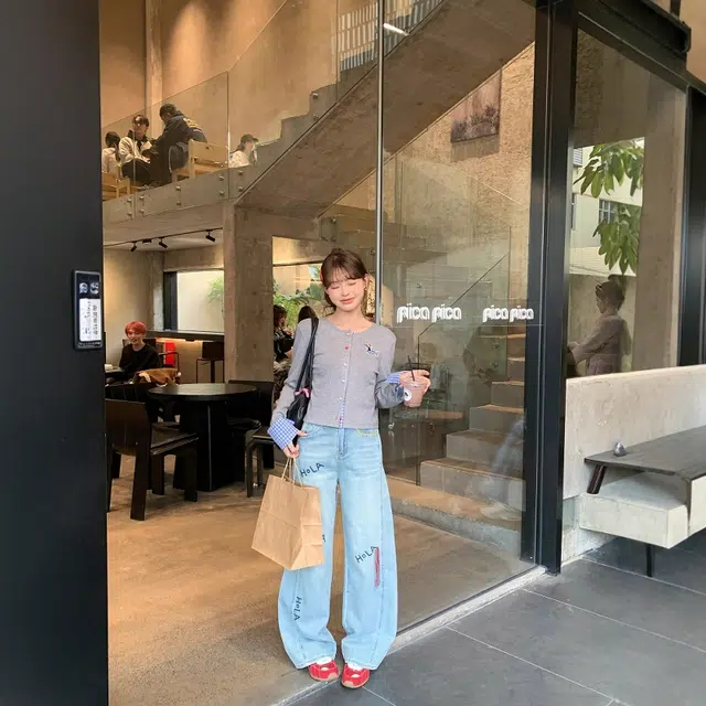 格子苔 学院风刺绣小狗单排彩扣圆领袖口拼接假两件短上衣 针织衫 女款