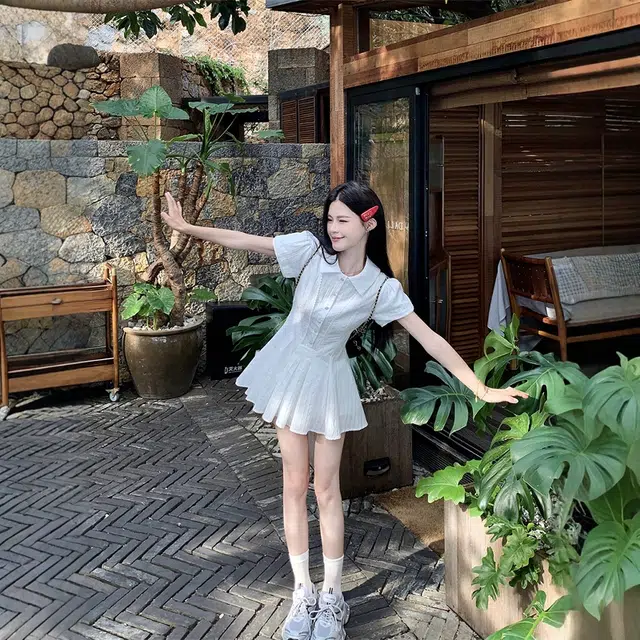 格子苔 学院风泡泡袖衬衫连衣裙女夏季气质收腰小个子甜美短裙裙装套装 女款