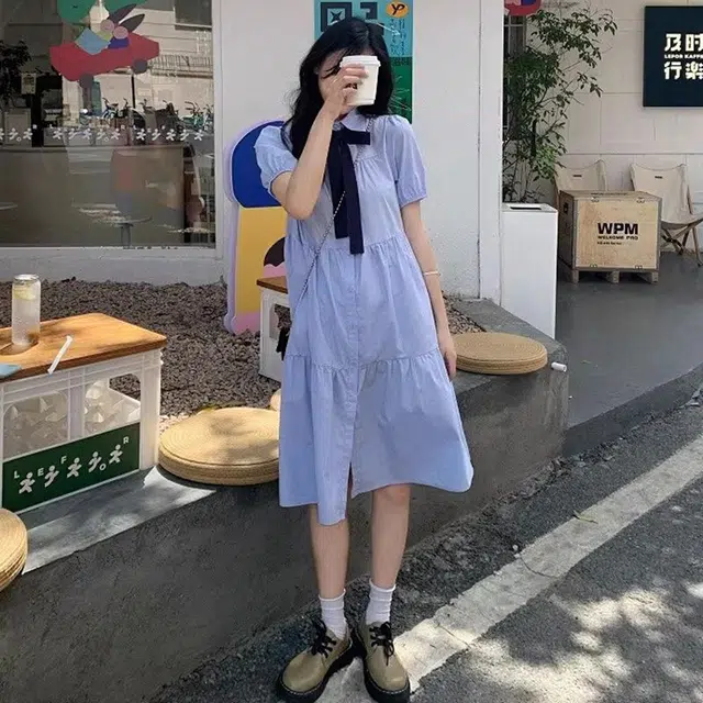格子苔 宽松显瘦减龄学院风中长裙短袖连衣裙 女款