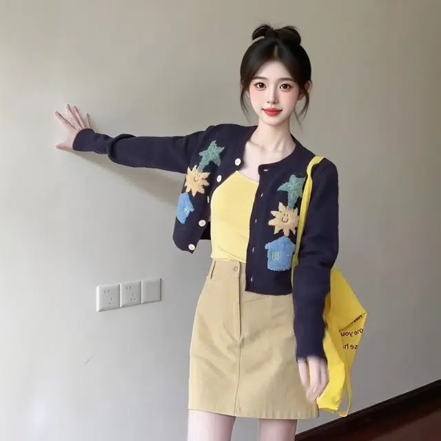 格子苔 星星提花开衫女年秋日系短款复古慵懒减龄软糯显瘦气质甜美风百搭外套针织衫 女款