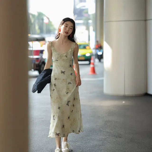 格子苔 新中式碎花法式纯欲温柔无袖裙子度假长裙吊带连衣裙 女款