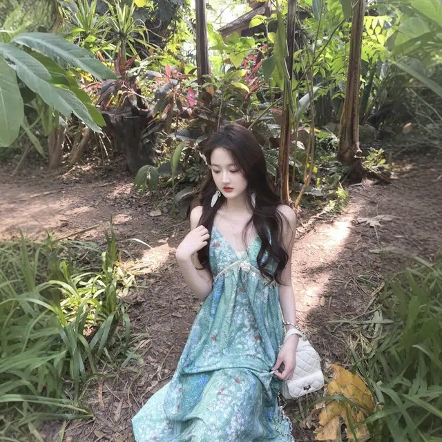 格子苔 绿野仙踪森系女夏晕染碎花裙云南泰国海边度假长裙吊带连衣裙 女款