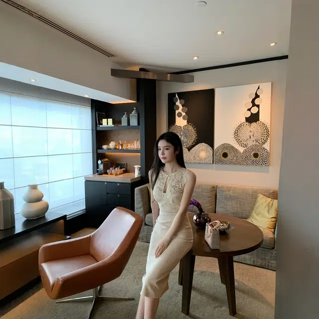 格子苔 蕾丝拼接镂空设计感女修身气质包臀裙无袖连衣裙 女款