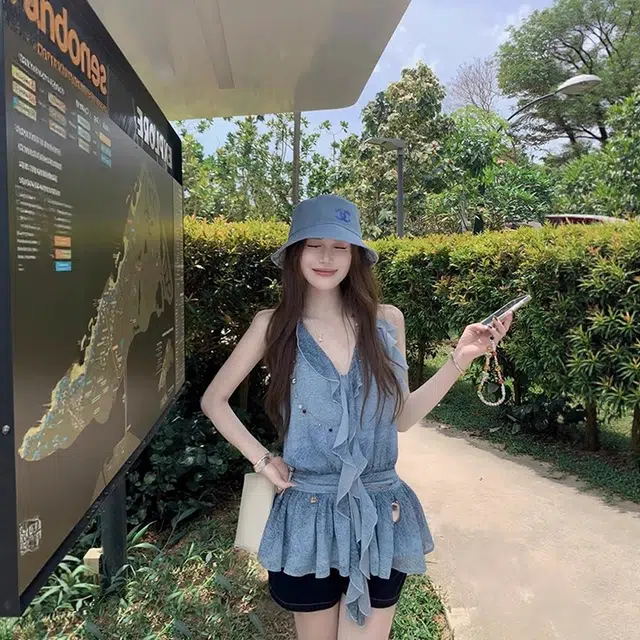 格子苔 木耳边设计感系带简约通勤吊带 女款