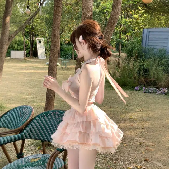 格子苔 夏季收腰显瘦纯欲风小众设计感蕾丝拼接蝴蝶结挂脖无袖连衣裙 女款