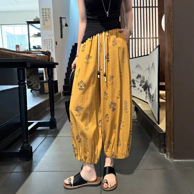 格子苔 法式印花棉麻八九分裤女夏薄款小个子显瘦宽松垂感冰丝灯笼裤 休闲裤 女款
