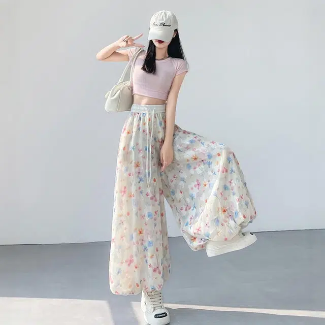 格子苔 碎花花苞阔腿裤女夏季薄款小个子冰丝高腰垂感直筒灯笼休闲裤 女款