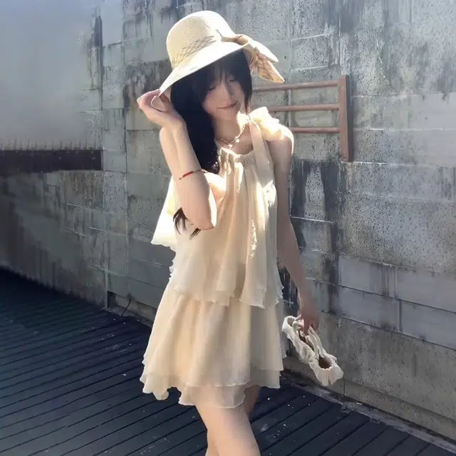 格子苔 挂脖半身连衣裙子女夏季海边度假风宽松显瘦短裙两件裙装套装  女款