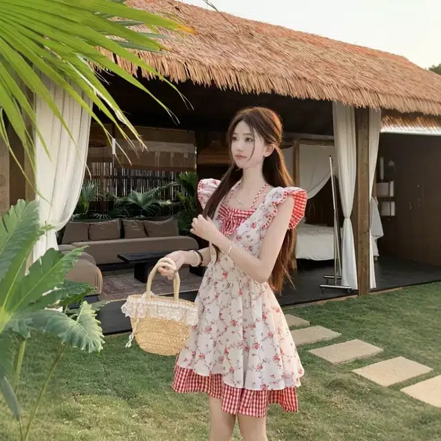 格子苔 法式可爱甜美女初恋小个子收腰吊带蓬蓬短裙子无袖连衣裙 女款