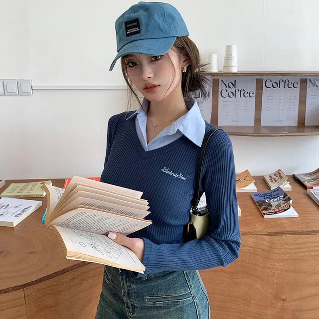 格子苔 辣妹假两件高腰显瘦修身打底衫长袖小上衣小众针织衫 女款