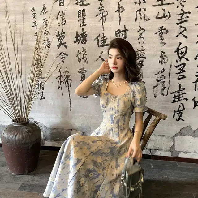 格子苔 法式方领油画风碎花短袖连衣裙 女款