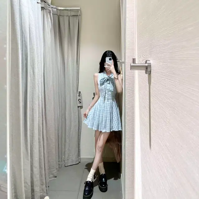 格子苔 法式甜美格子蝴蝶结气质百褶短裙无袖连衣裙 女款