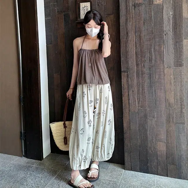 格子苔 法式印花棉麻八九分裤女夏薄款小个子显瘦宽松垂感冰丝灯笼裤 休闲裤 女款