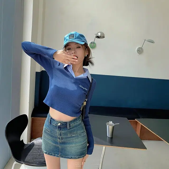 格子苔 辣妹假两件高腰显瘦修身打底衫长袖小上衣小众针织衫 女款