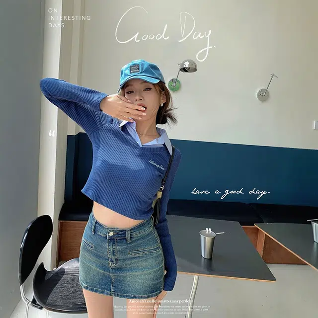 格子苔 辣妹假两件高腰显瘦修身打底衫长袖小上衣小众针织衫 女款