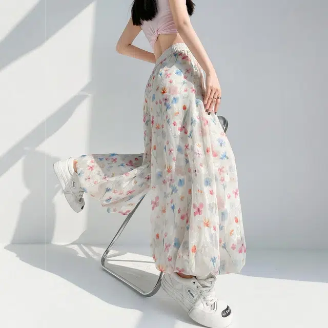 格子苔 碎花花苞阔腿裤女夏季薄款小个子冰丝高腰垂感直筒灯笼休闲裤 女款