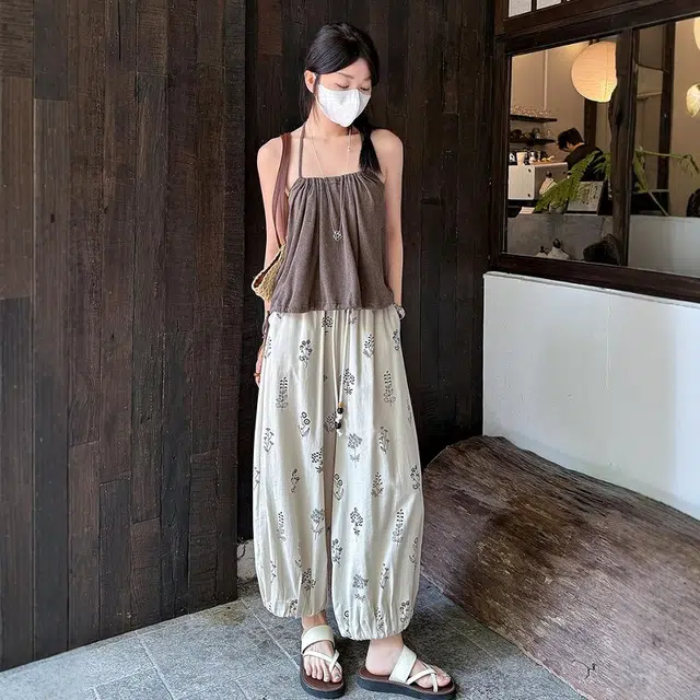 格子苔 法式印花棉麻八九分裤女夏薄款小个子显瘦宽松垂感冰丝灯笼裤 休闲裤 女款