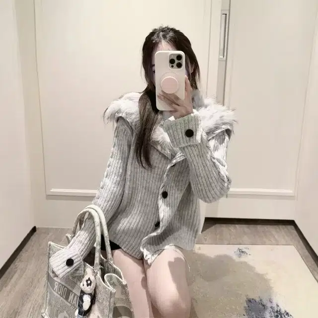 格子苔 韩系慵懒松弛感毛领外套女秋冬设计感大翻领开衫针织衫 女款