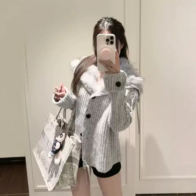 格子苔 韩系慵懒松弛感毛领外套女秋冬设计感大翻领开衫针织衫 女款