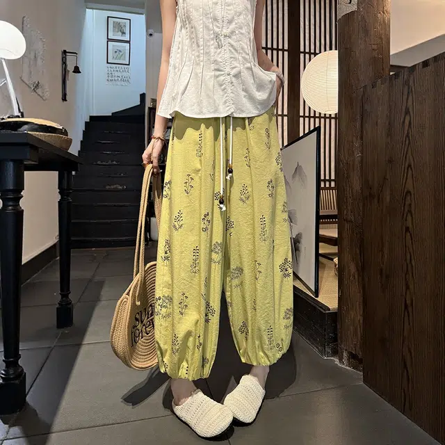 格子苔 法式印花棉麻八九分裤女夏薄款小个子显瘦宽松垂感冰丝灯笼裤 休闲裤 女款