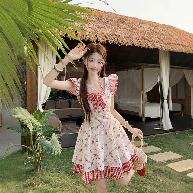格子苔 法式可爱甜美女初恋小个子收腰吊带蓬蓬短裙子无袖连衣裙 女款