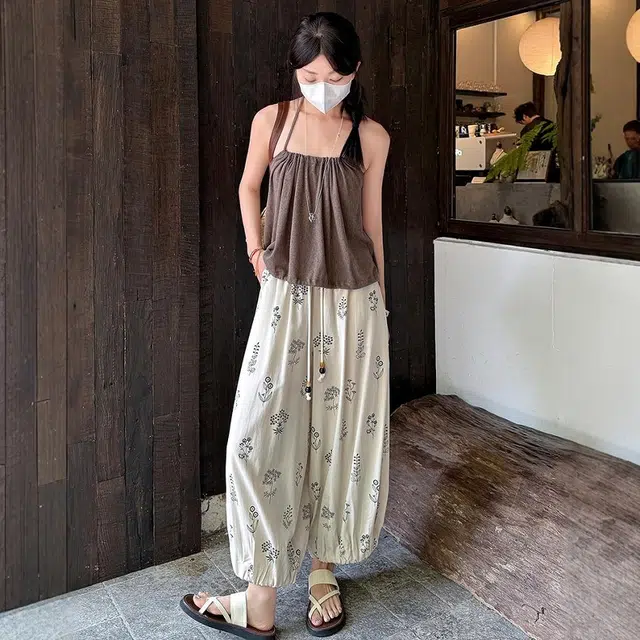 格子苔 法式印花棉麻八九分裤女夏薄款小个子显瘦宽松垂感冰丝灯笼裤 休闲裤 女款