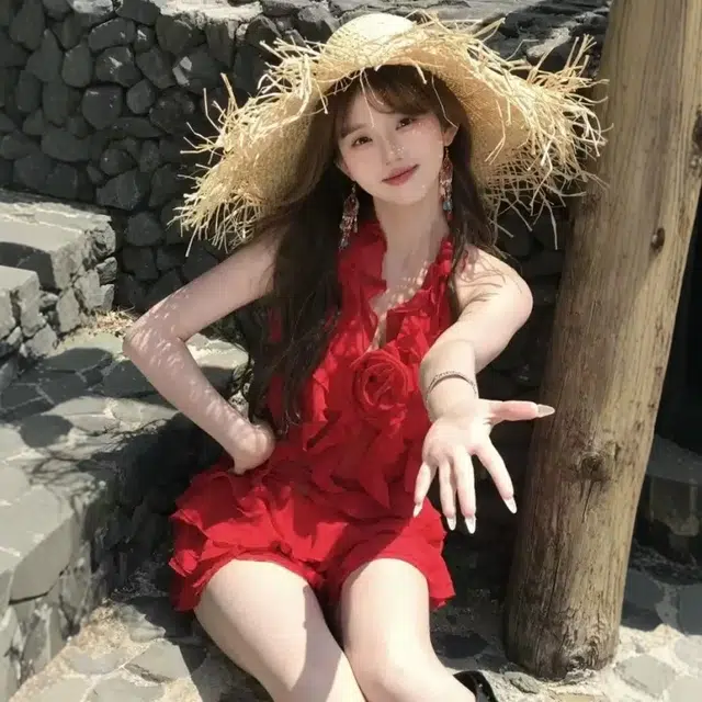 格子苔 纯欲风荷叶边沙滩海边度假舒适纯色无袖连衣裙 女款