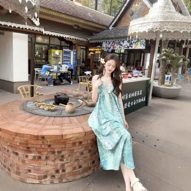 格子苔 绿野仙踪森系女夏晕染碎花裙云南泰国海边度假长裙吊带连衣裙 女款