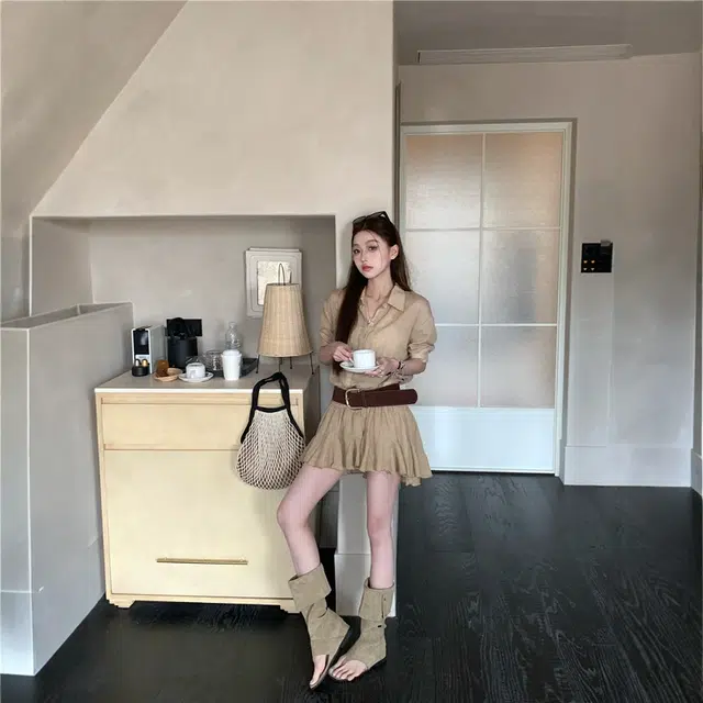 格子苔 高级感显瘦翻领衬衫女夏季复古气质百褶裙短裙短袖连衣裙  女款