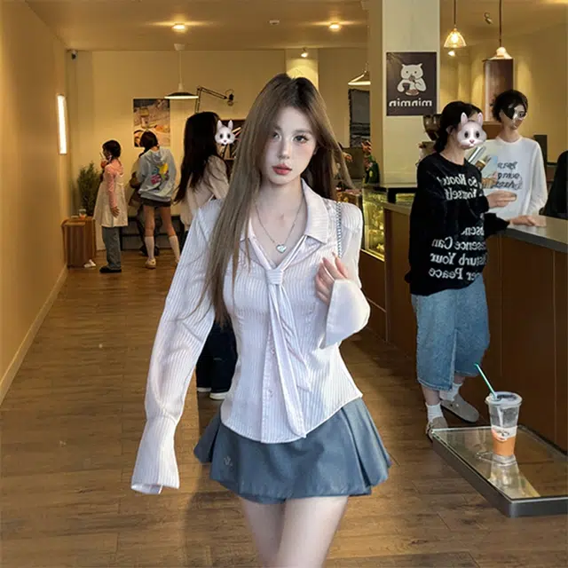 格子苔 辣妹收腰显瘦纯色长袖衬衫 女款