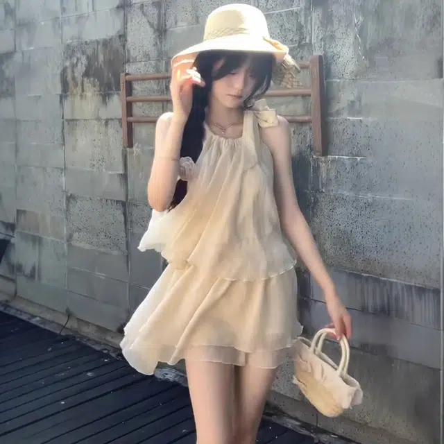 格子苔 挂脖半身连衣裙子女夏季海边度假风宽松显瘦短裙两件裙装套装  女款