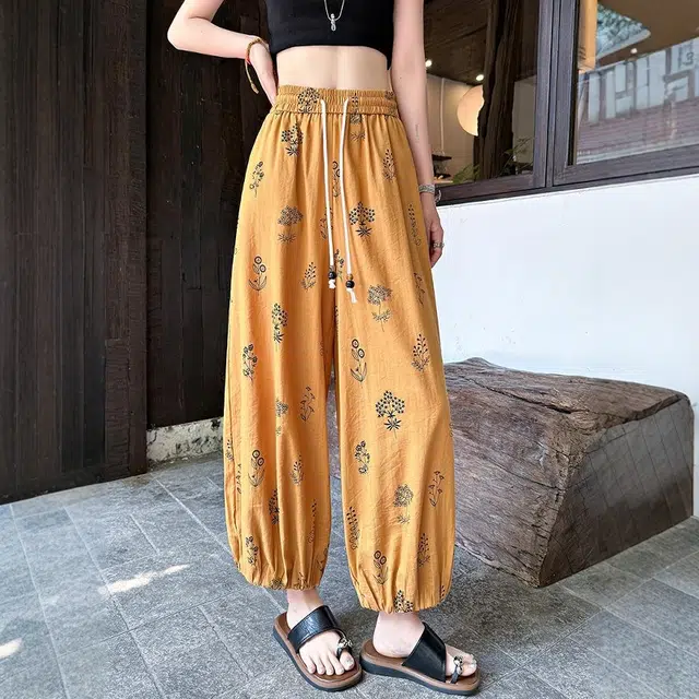格子苔 法式印花棉麻八九分裤女夏薄款小个子显瘦宽松垂感冰丝灯笼裤 休闲裤 女款
